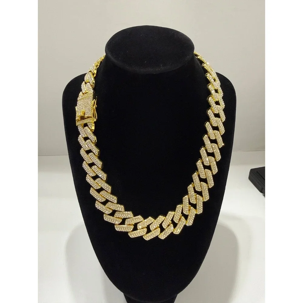 gold cuban iced out chain vvscz stones over stainless 19inch 20mm triple lock